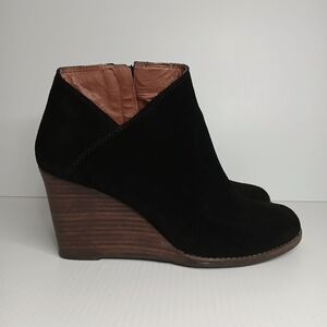 Lucky Brand Black Suede Wedge Zip‎ Bootie Women's Size 8.5